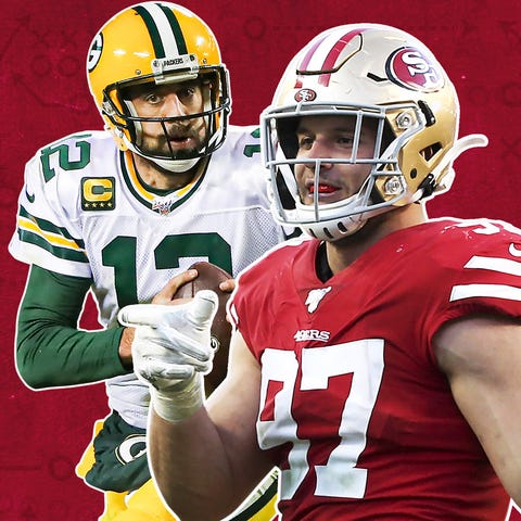 Packers QB Aaron Rodgers and 49ers DE Nick Bosa