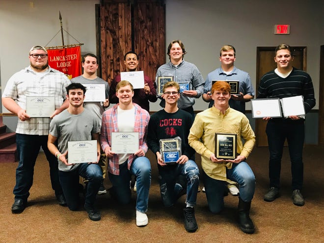 The Lancaster football team held their annual awards banquet recently. Receiving special awards were, front row, left to right: Casey Finck, Owen Snyder, Max Hamilton and Sage Hill. Second row, L-R: Dalton Golden, Cole Smith, Devon Pearson, Drew solt and Carson Rainier.