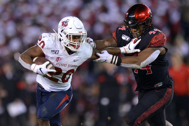 Fresno State running back Ronnie Rivers (20) leads the Mountain West with 14 total touchdowns this season.