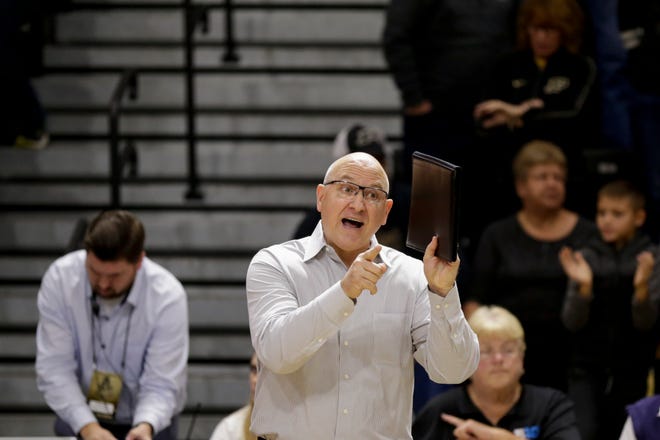 Purdue head coach Dave Shondell reacts during the third set of a NCAA women's volleyball game, Saturday, Nov. 23, 2019 at Holloway Gymnasium in West Lafayette.