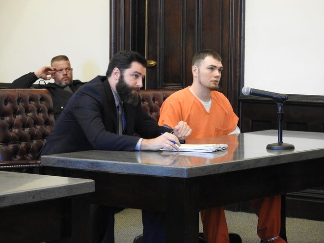 Attorney Jeffery Linn with client Charles D. Kirkpatrick Monday in Coshocton County Common Pleas Court. Kirkpatrick was sentenced to four years in prison, two years mandatory, for charges of drug trafficking relating to a January drug bust.