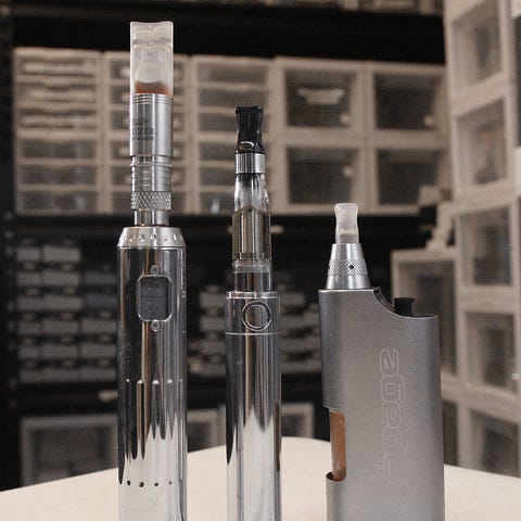 E-cigarette devices are displayed at a shop in Ind