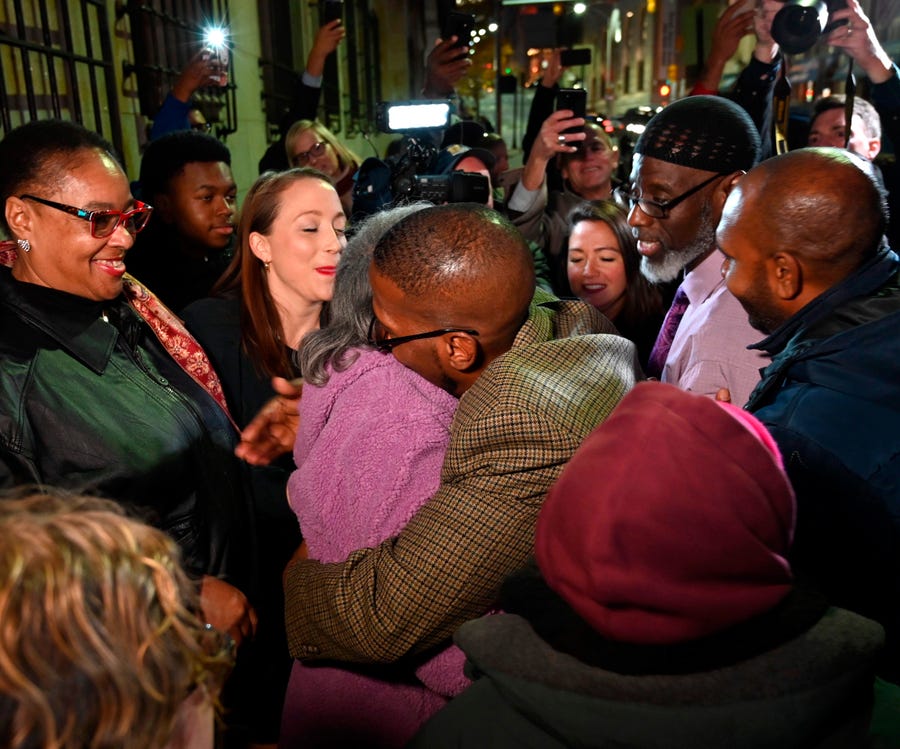 Alfred Chestnut hugs his mother Sarah after his release Monday, Nov. 25, 2019, in Baltimore.