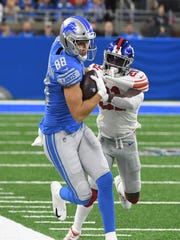 Lions tight end T.J. Hockenson has 26 catches for 349 yards and two touchdowns as a rookie.