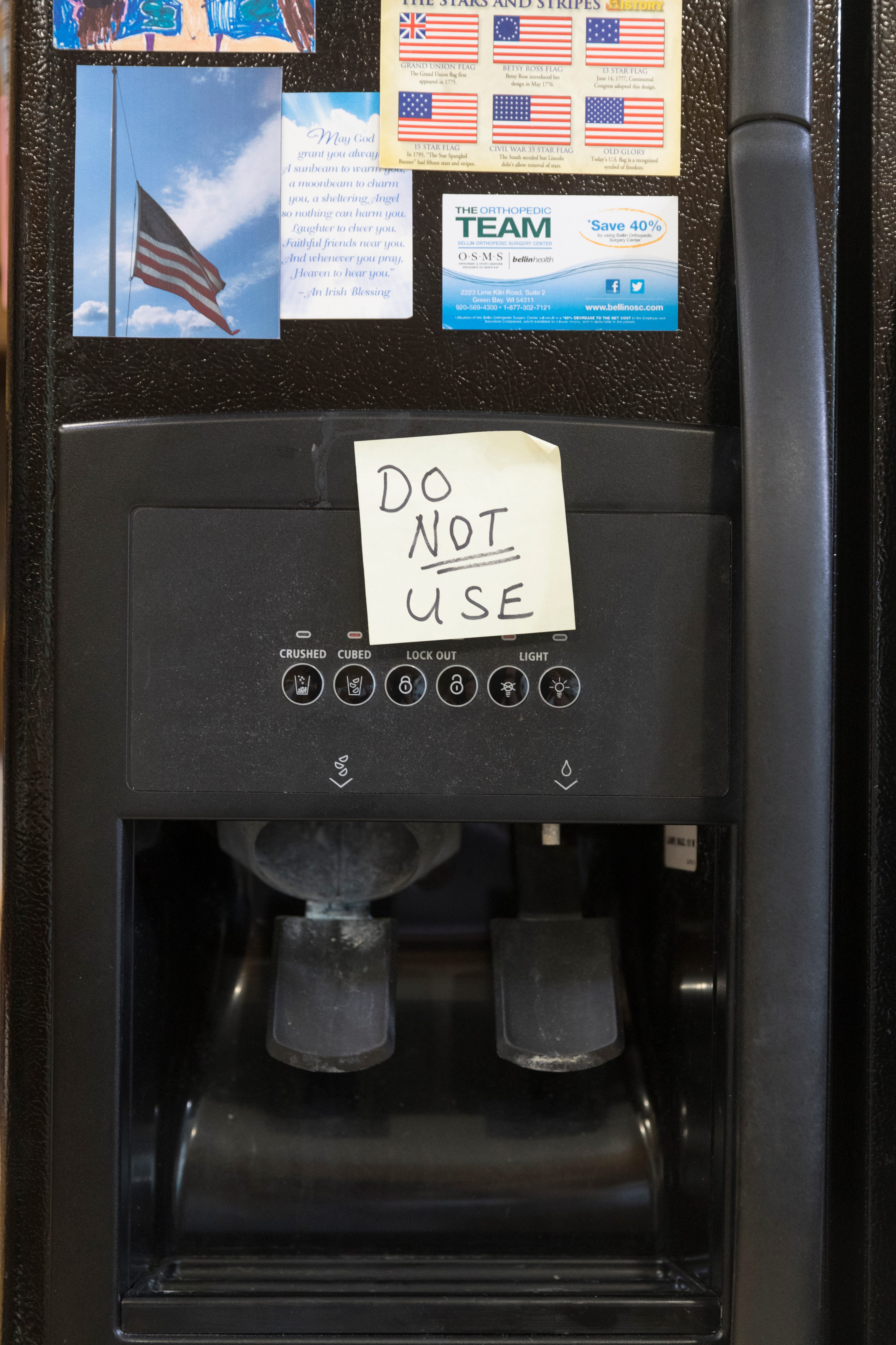 Arlin and Mary Lou Karnopp have a reminder on their refrigerator's water dispenser not to use it.