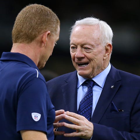 Jerry Jones, owner of the Dallas Cowboys, talks to