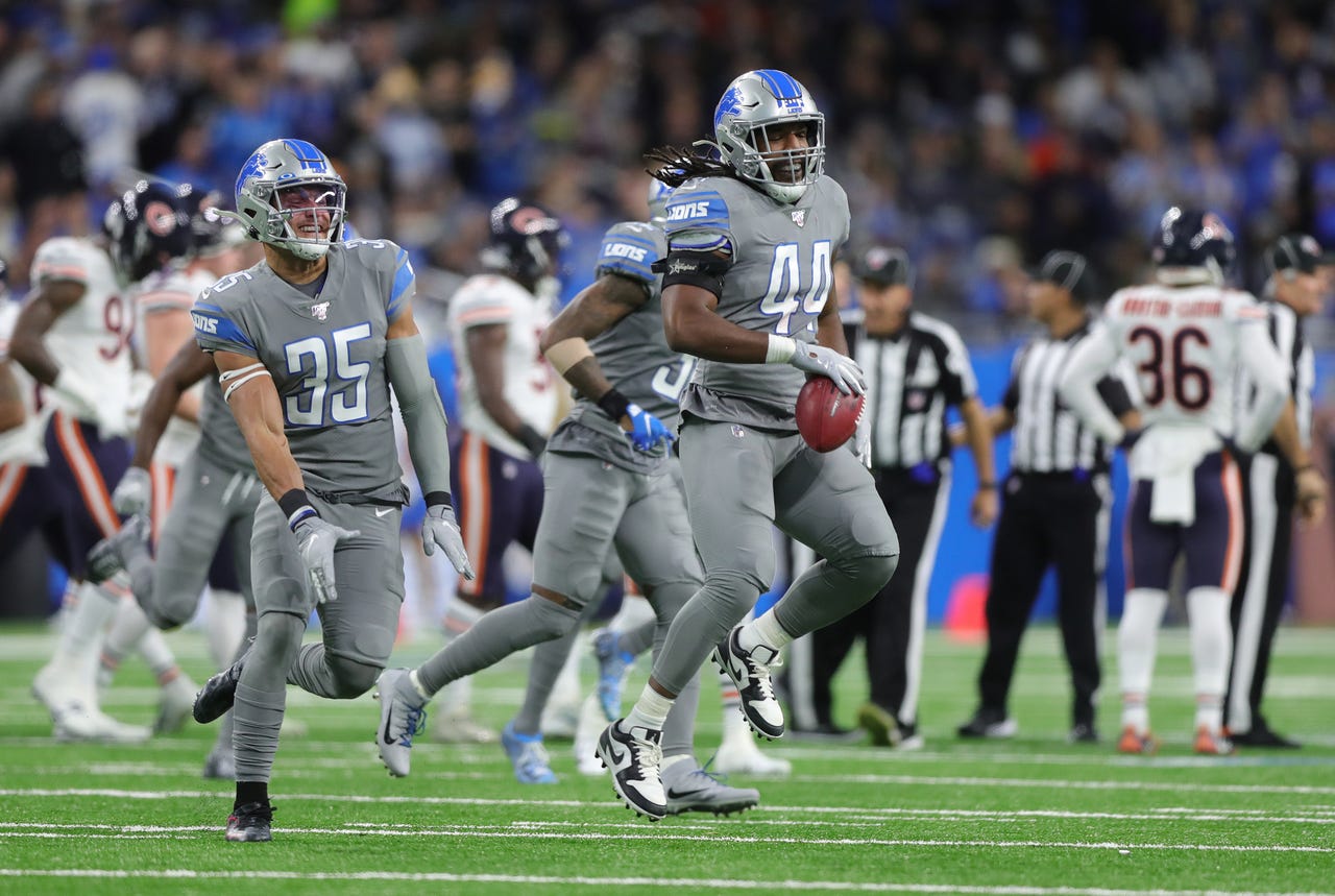 Detroit Lions linebacker Jalen Reeves-Maybin (44) celebrates after recovering an onside kick against the Chicago Bears during the first half Thursday, Nov. 28, 2019 at Ford Field.
