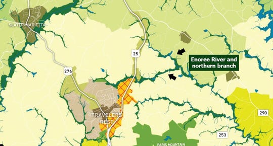 This section of the future land map in Greenville County's proposed 2020 comprehensive plan shows the area bounded by U.S. 25 and the Enoree River as "suburban edge," suitable for one or two homes per acre. Two developers have proposed much denser residential developments in this area in recent years.