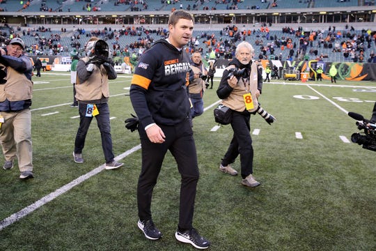 Cincinnati Bengals head coach Zac Taylor walks off the field after earning his first win as head coach against the New York Jets in a Week 13 NFL game, Sunday, Dec. 1, 2019, at Paul Brown Stadium in Cincinnati. The Cincinnati Bengals won 22-6, and improved to 1-11 on the season. 