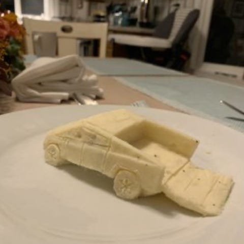 Tesla Cybertruck made from mashed potatoes.