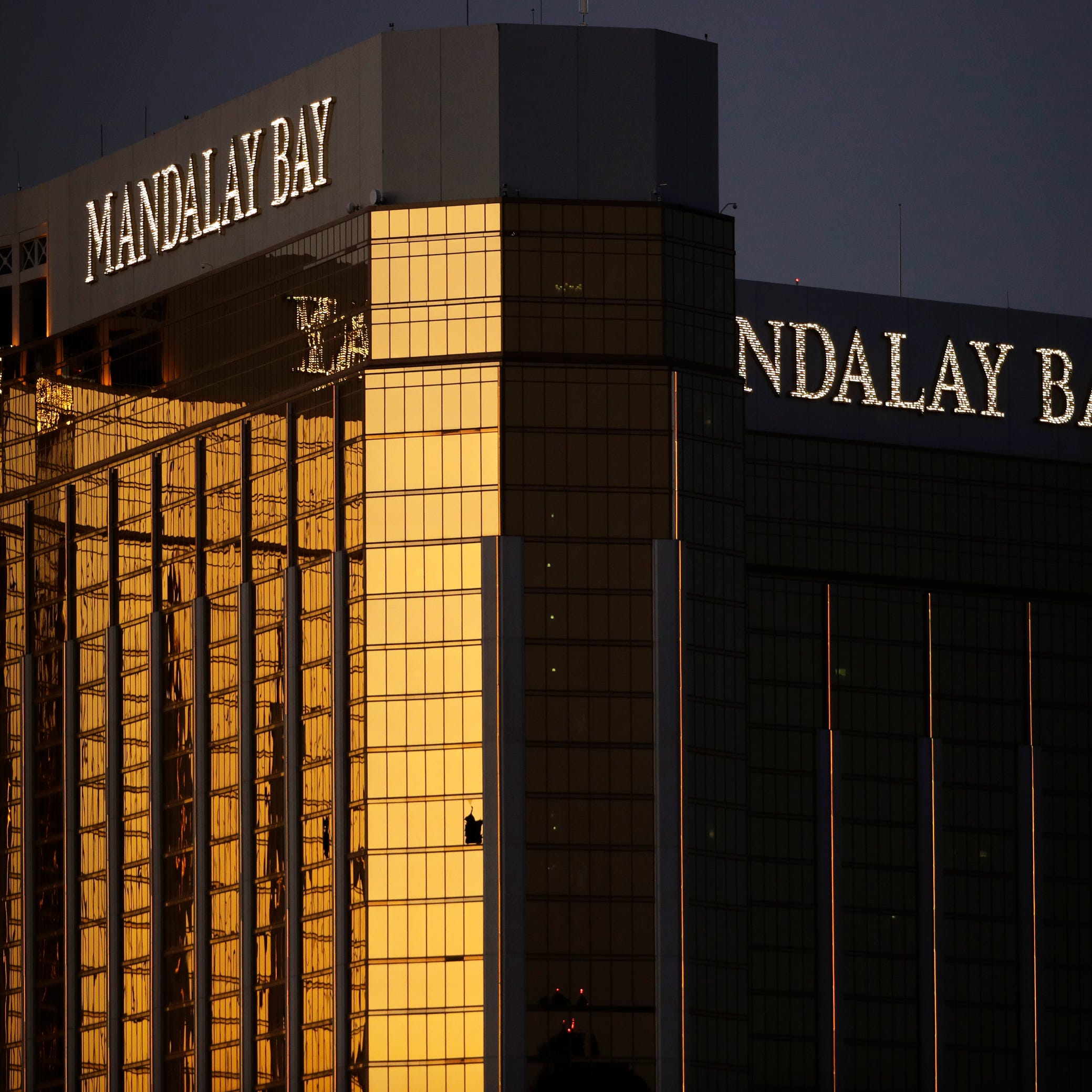 This photo, taken two days after the Oct. 1, 2017, mass shooting in Las Vegas, shows broken windows where a gunman perched to fire upon nearly 20,000 revelers who had gathered at an outdoor country music concert across the street from the Mandalay Bay hotel; 58 were killed and more than 800 were wounded.