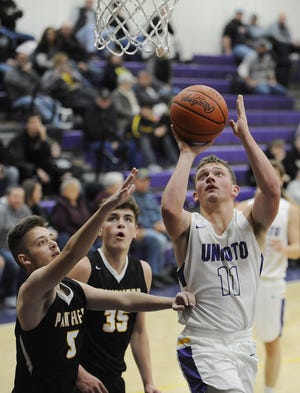 Unioto High School's Isaac Little goes up for a shot at the rim during a 70-39 win over Miami Trace on Tuesday Dec. 3, 2019 at Unioto High School in Chillicothe, Ohio.