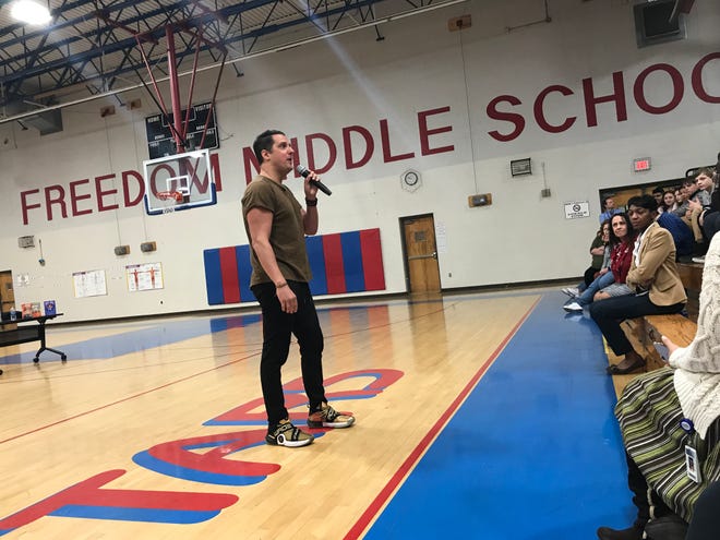 Best-selling author Pablo Cartaya led an assembly on embracing cultural differences at Freedom Middle School on Wednesday.