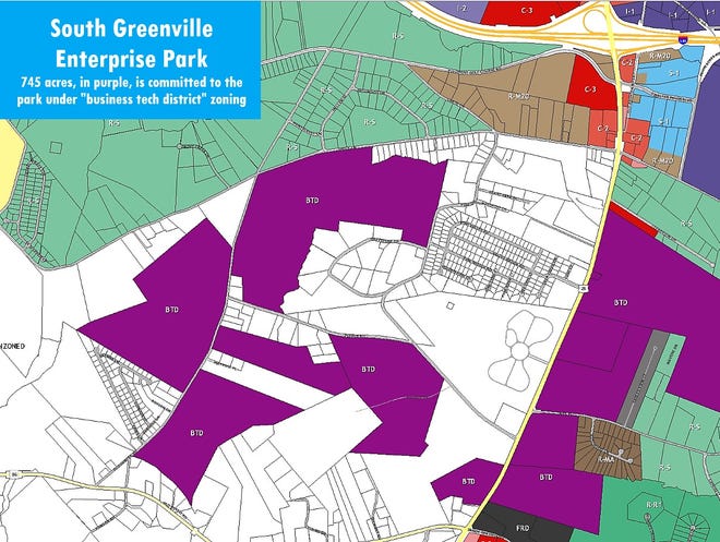Private property owners have pooled their land, shown here in purple, and are marketing it as the "South Greenville Enterprise Park." The park's first tenant will be a heavy equipment maker, Iowa-based Vermeer Co.