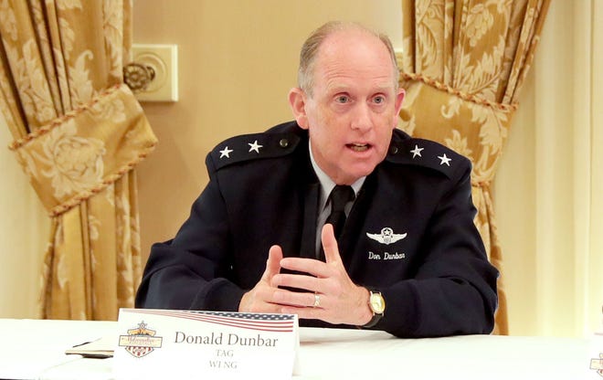 Wisconsin National Guard Adjutant General Donald P. Dunbar is shown speaking during a security gathering for the upcoming 2020 Democratic National Convention in Milwaukee.