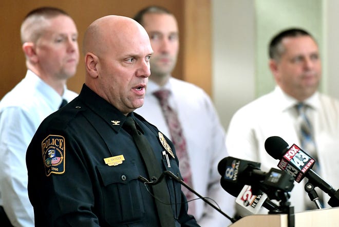 West Manchester Township Police Chief John Snyder is joined by investigating detectives, Thursday, Dec. 5, 2019, during a press conference  announcing an arrest in Monday's fatal Regal Cinema shooting. Bill Kalina photo