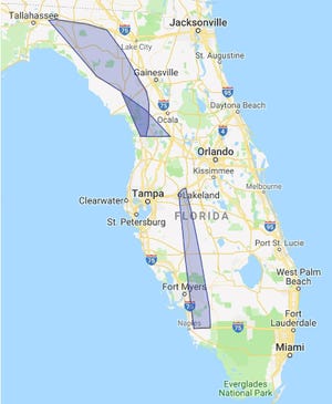 A map showing roughly where the new toll roads may run. The actual path has not yet been determined.
STATE OF FLORIDA