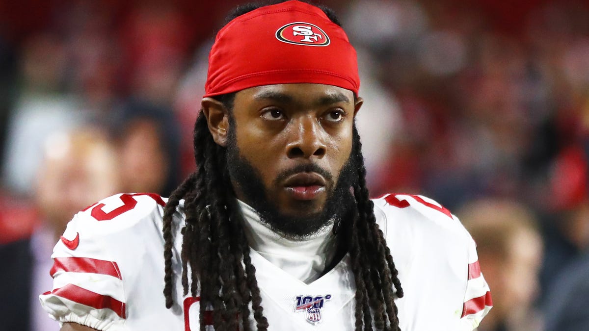 Richard Sherman looks on during the 49ers' game against the Cardinals.