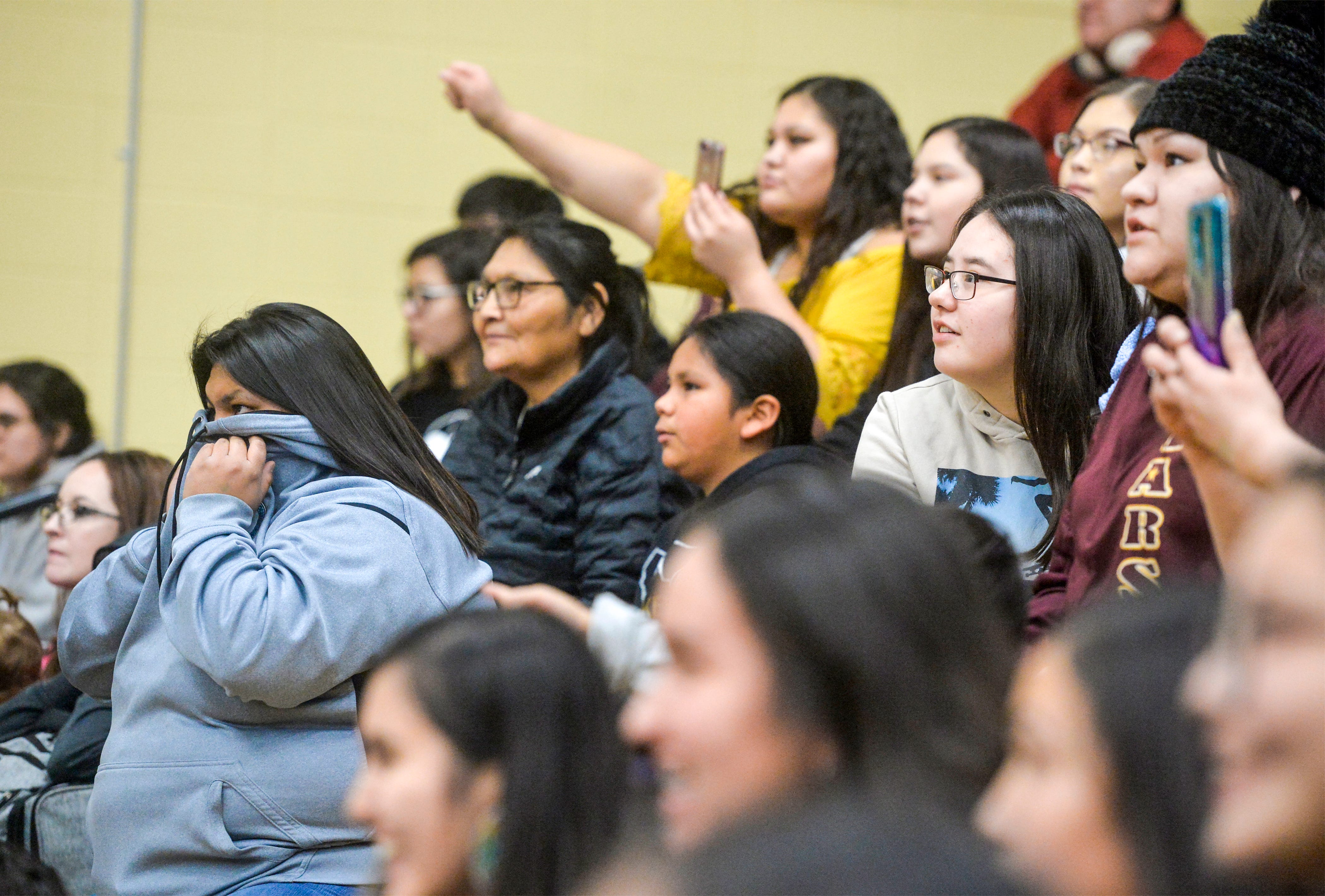 Rocky Boy fans watch as their boys' team plays a tense double overtime game against Box Elder on Friday during the 2019 Native American Basketball Classic at CMR.