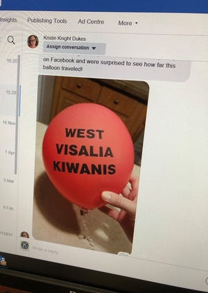A Facebook message from Kristin Dukes of Greenville, Kentucky, to West Visalia Kiwanis.