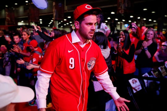 Newly signed Cincinnati Reds second baseman Mike Moustakas takes the main stage during RedsFest at the Duke Energy Convention Center in downtown Cincinnati on Friday, Dec. 6, 2019.