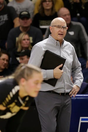 Purdue head coach Dave Shondell in the third set during a first round match of the NCAA Div I Women's Volleyball Championships, Friday, Dec. 6, 2019 in West Lafayette, Ind.