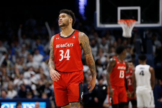 Cincinnati Bearcats guard Jarron Cumberland (34) looks to the scoreboard late in the second half of the Annual Crosstown Shootout rivalry game between the Xavier Musketeers and the Cincinnati Bearcats at the Cintas Center in Cincinnati on Saturday, Dec. 7, 2019. Xavier took the annual rivalry game, 73-66. 