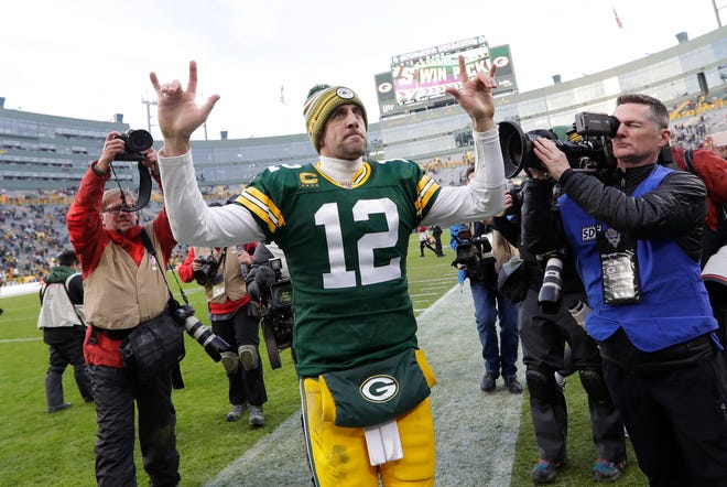 Green Bay Packers quarterback Aaron Rodgers (12) celebrates a victory against the Washington Redskins following their football game Sunday, December 8, 2019, at Lambeau Field in Green Bay,, Wis. Dan Powers/USA TODAY NETWORK-Wisconsin