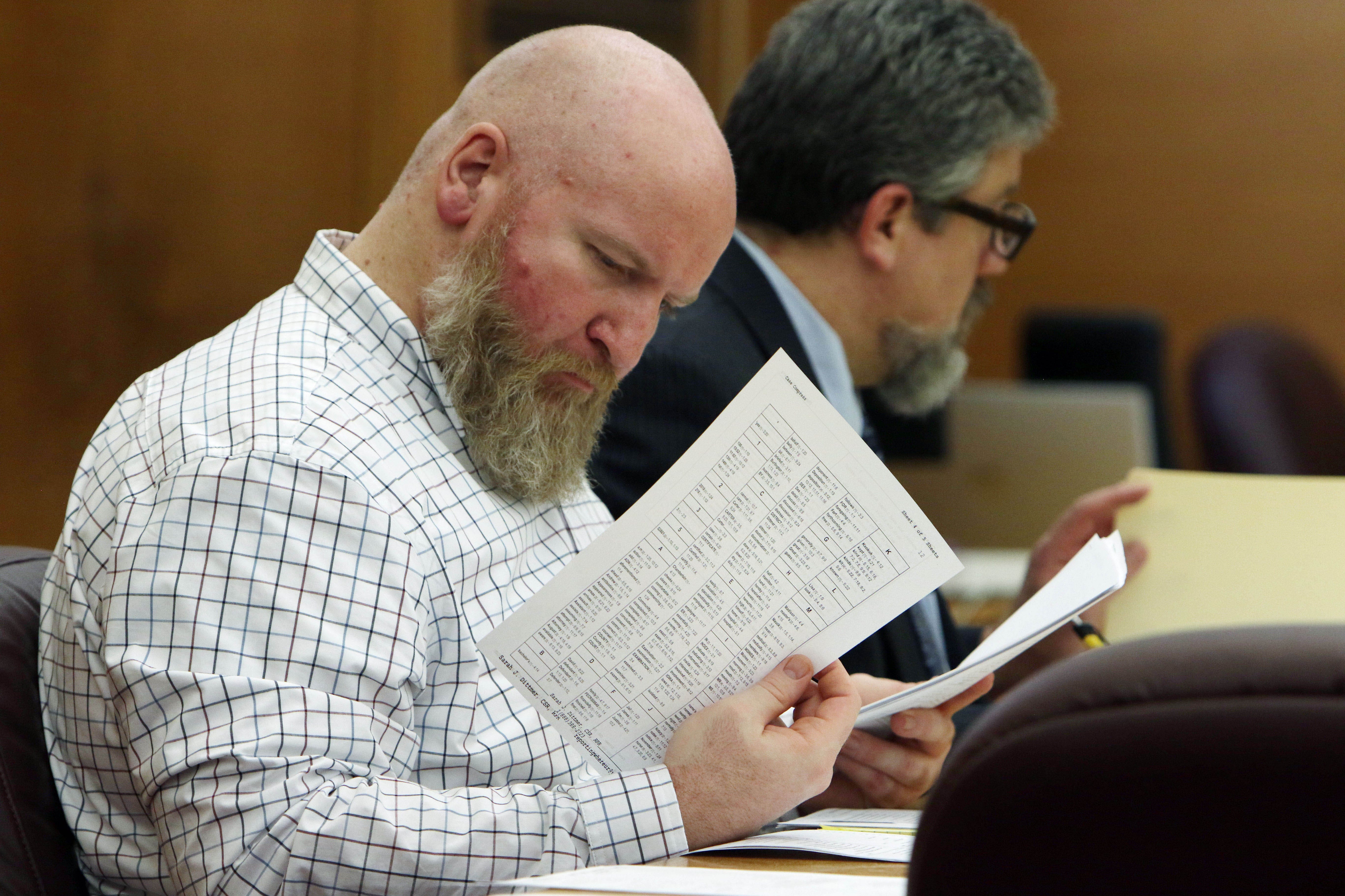 Defendant Andrew Mauck looks over papers during the second day of Mauck's second degree sexual abuse trail.