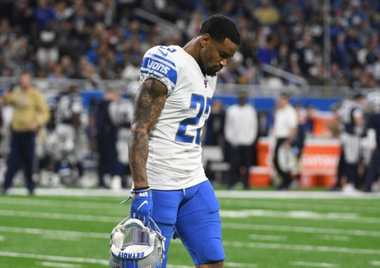Lions' Darius Slay walks off the field after a Cowboys touchdown in the fourth quarter.  NFL Detroit Lions vs Dallas Cowboys at Ford Field in Detroit, Michigan on November 17, 2019.  (Image by Daniel Mears / The Detroit News)