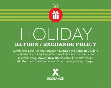 Military shoppers have no need to worry if the holiday gift they got isn’t quite perfect—the Army & Air Force Exchange Service is extending its return policy for the holiday season! Gifts purchased Nov. 1 through Dec. 24 can be returned with a receipt through Jan. 31.