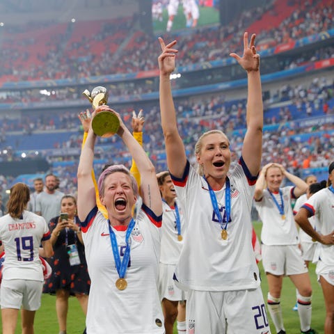 The U.S. women's soccer team celebrates its second