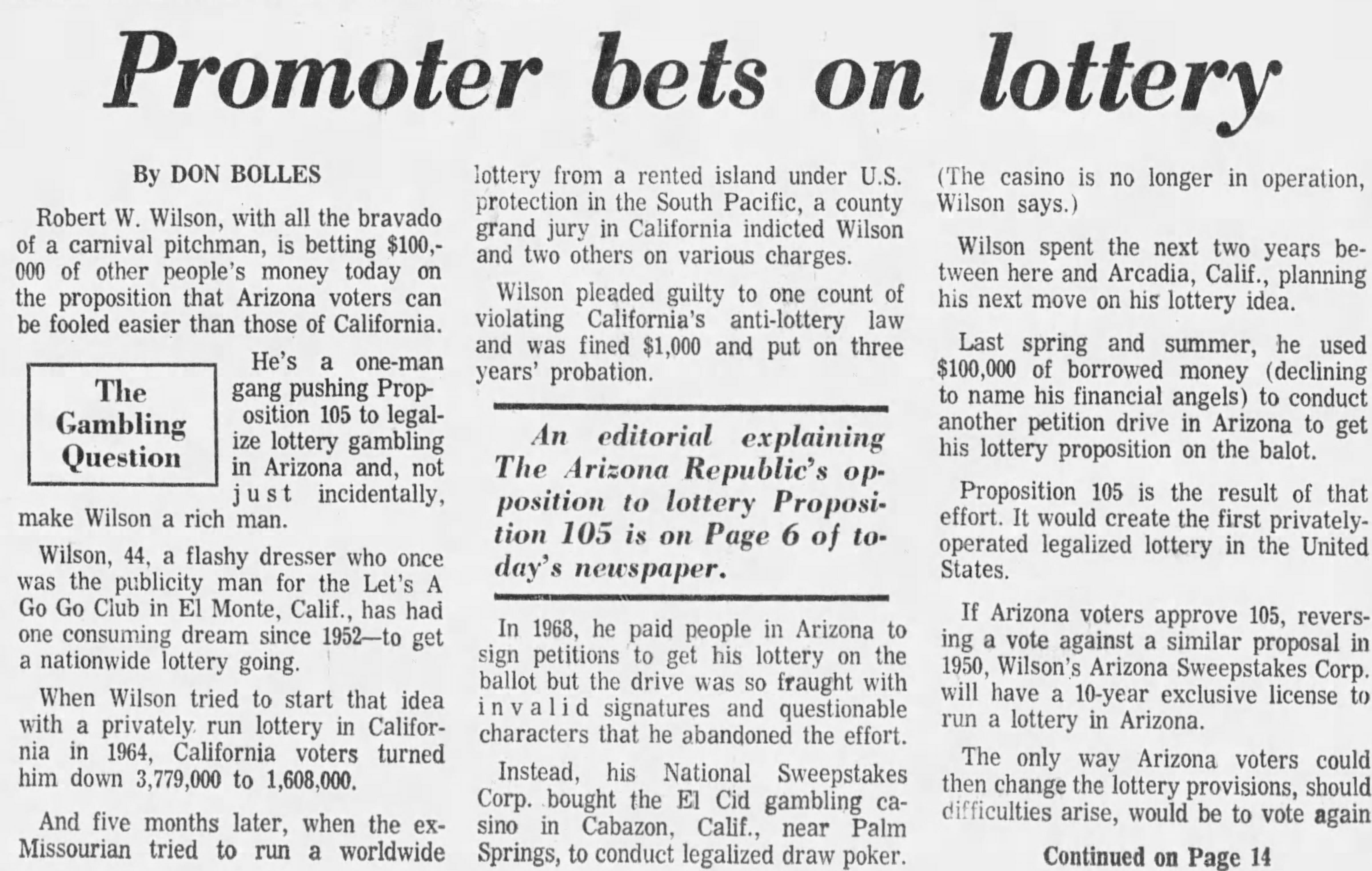 Arizona Republic reporter Don Bolles wrote about a plan to let a private company run a state lottery in this story published Nov. 3, 1970.