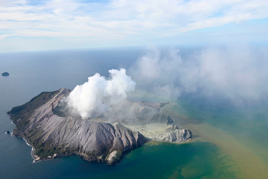 This aerial photo shows White Island after its volcanic eruption in New Zealand, Dec. 9, 2019. The volcano on a small New Zealand island frequented by tourists erupted Monday, and a number of people were missing and injured after the blast.