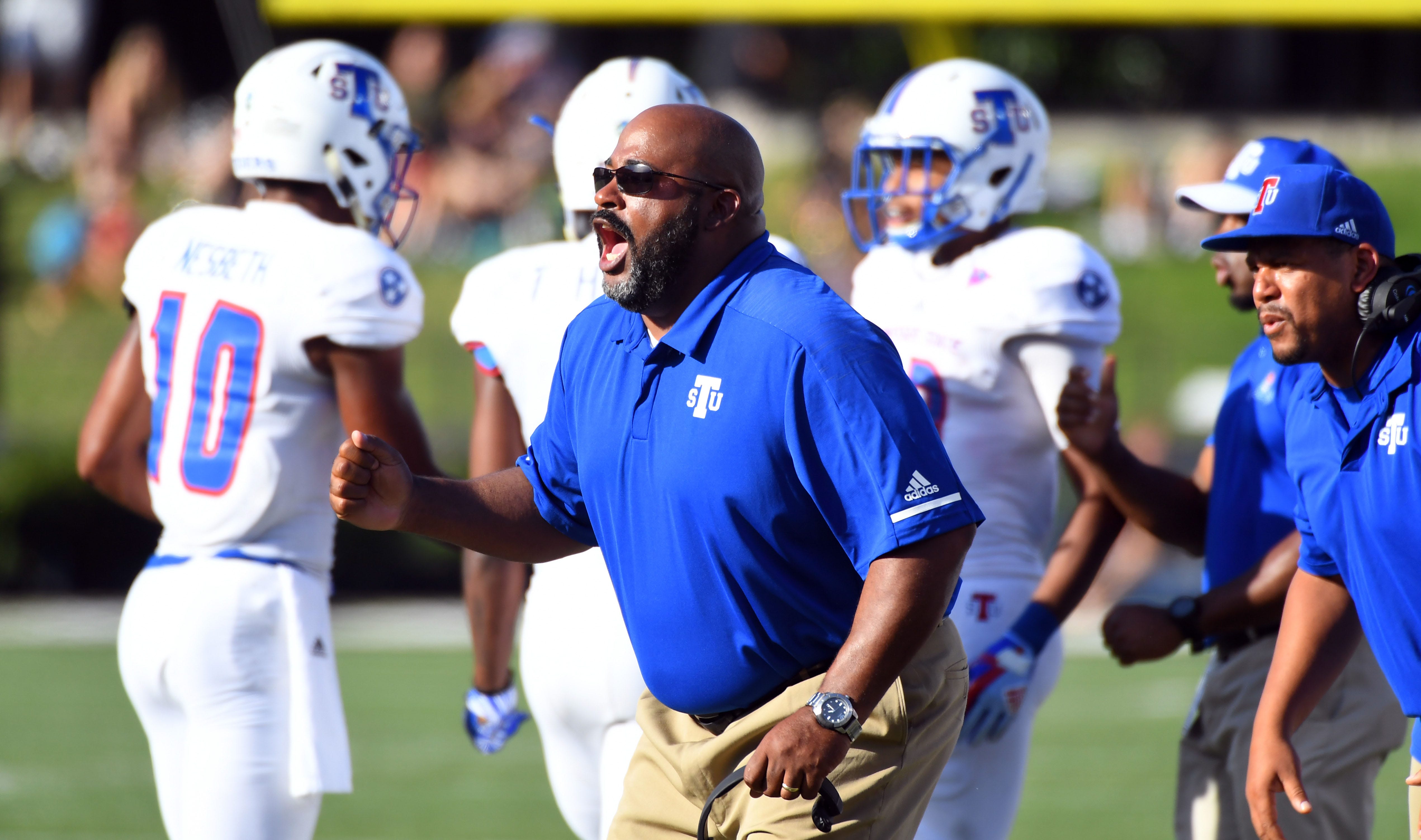 TSU head coach Rod Reed yells during a game against Vanderbilt at Vanderbilt Stadium.