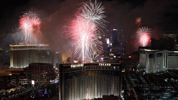 Fireworks explode over the Las Vegas Strip during 