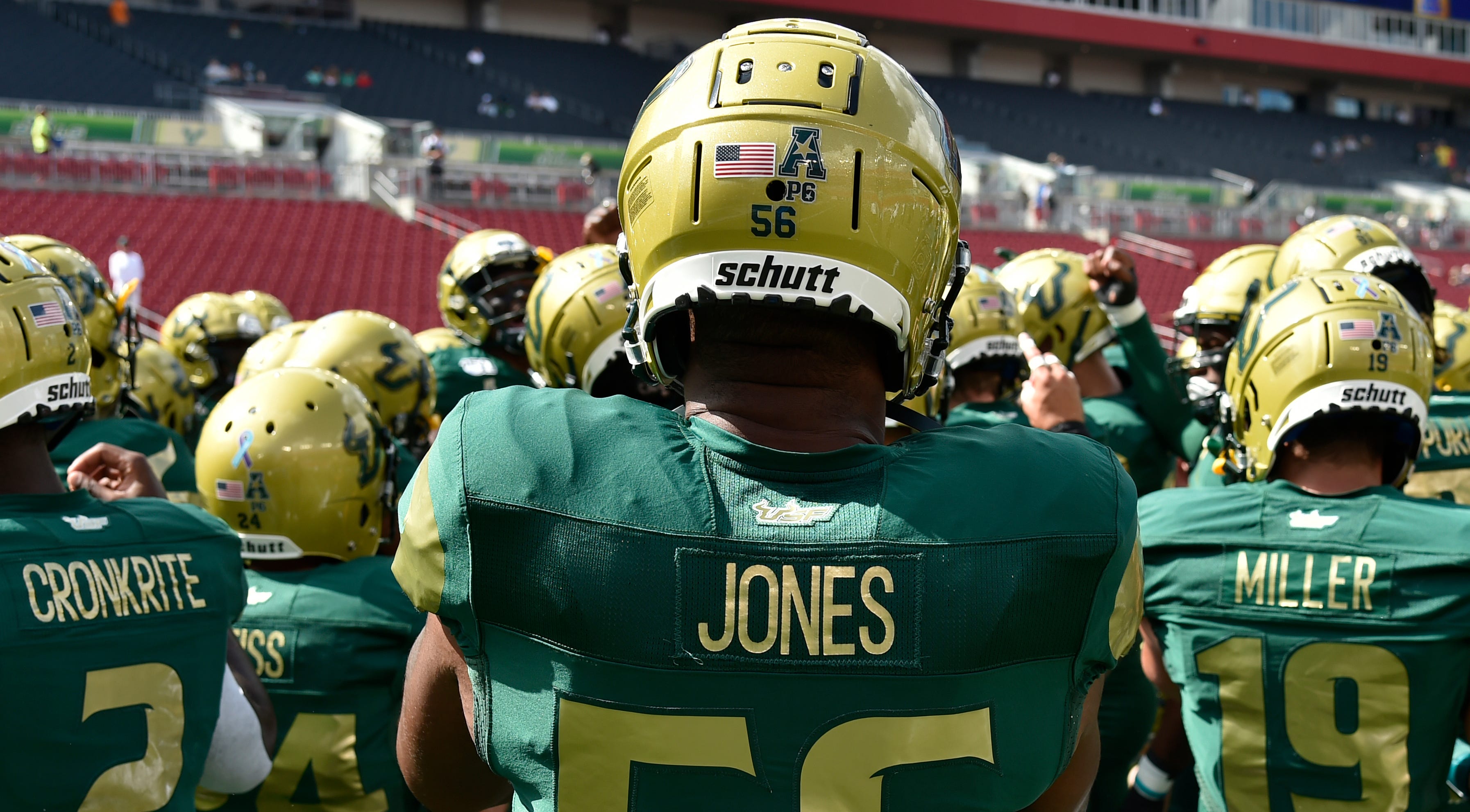 Tyrik Jones did not have a purple and teal ribbon sticker on the back of his helmet during a special sexual assault awareness game on Sept. 28, 2019, in Tampa, Florida.