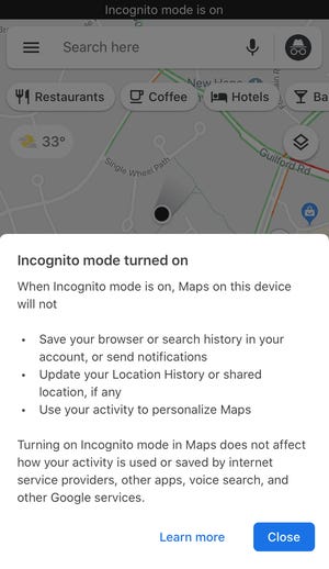 A screenshot of Google Maps in Incognito Mode.