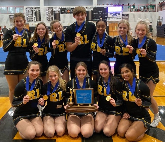 Red Lion High School recently won the District 3 Competitive Spirit Co-Ed Medium Division Championship. In the front row, from left, are: Evelyn Adams, Brielle McLearnon, Morghan Lehr, Paige Kuria and Jill Jones. In the back row, from left, are: Margaux Rentzel, Karlie Huster, Nicole Gunter, Conner Holmes, Giselle Jones, Emma Mader and DaniLeigh Graham.