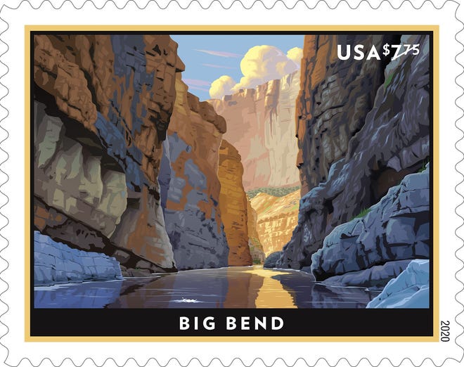 A new Priority Mail stamp depicts the Rio Grande flowing between the sheer limestone cliffs of Santa Elena Canyon in Big Bend National Park