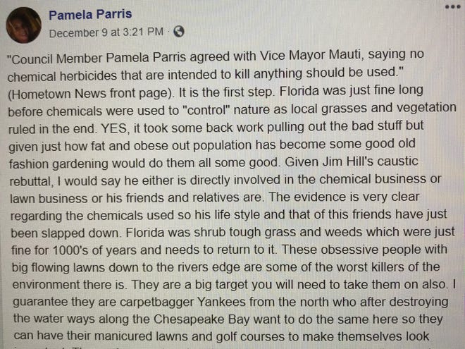 This is a photo of the Dec. 9 post on Pamela Parris's Facebook page. Parris denies writing the post.