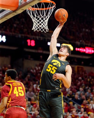 Iowa's 6-11 junior center, Luka Garza had a tremendous showing, as he lead his team to a double-digit victory over Iowa State.   (Photo: Zach Boyden-Holmes/The Register via Des Moines Register.)