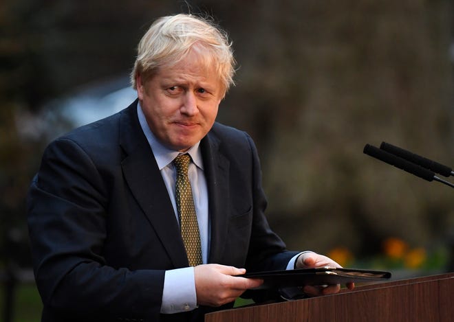 Britain's Prime Minister Boris Johnson after speaking outside 10 Downing Street in London on Friday, Dec. 13, 2019. Boris Johnson's gamble on early elections paid off as voters gave the U.K. prime minister a commanding majority to take the country out of the European Union by the end of January, a decisive result after more than three years of stalemate over Brexit.