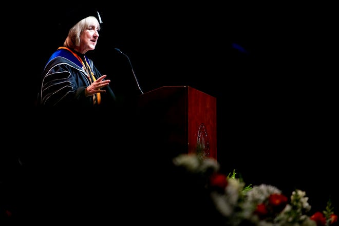University of Tennessee Chancellor Donde Plowman speaks at the University of Tennessee's winter graduation ceremony at the Thompson-Bowling Arena on Friday, December 13, 2019 in Knoxville, Tenn.