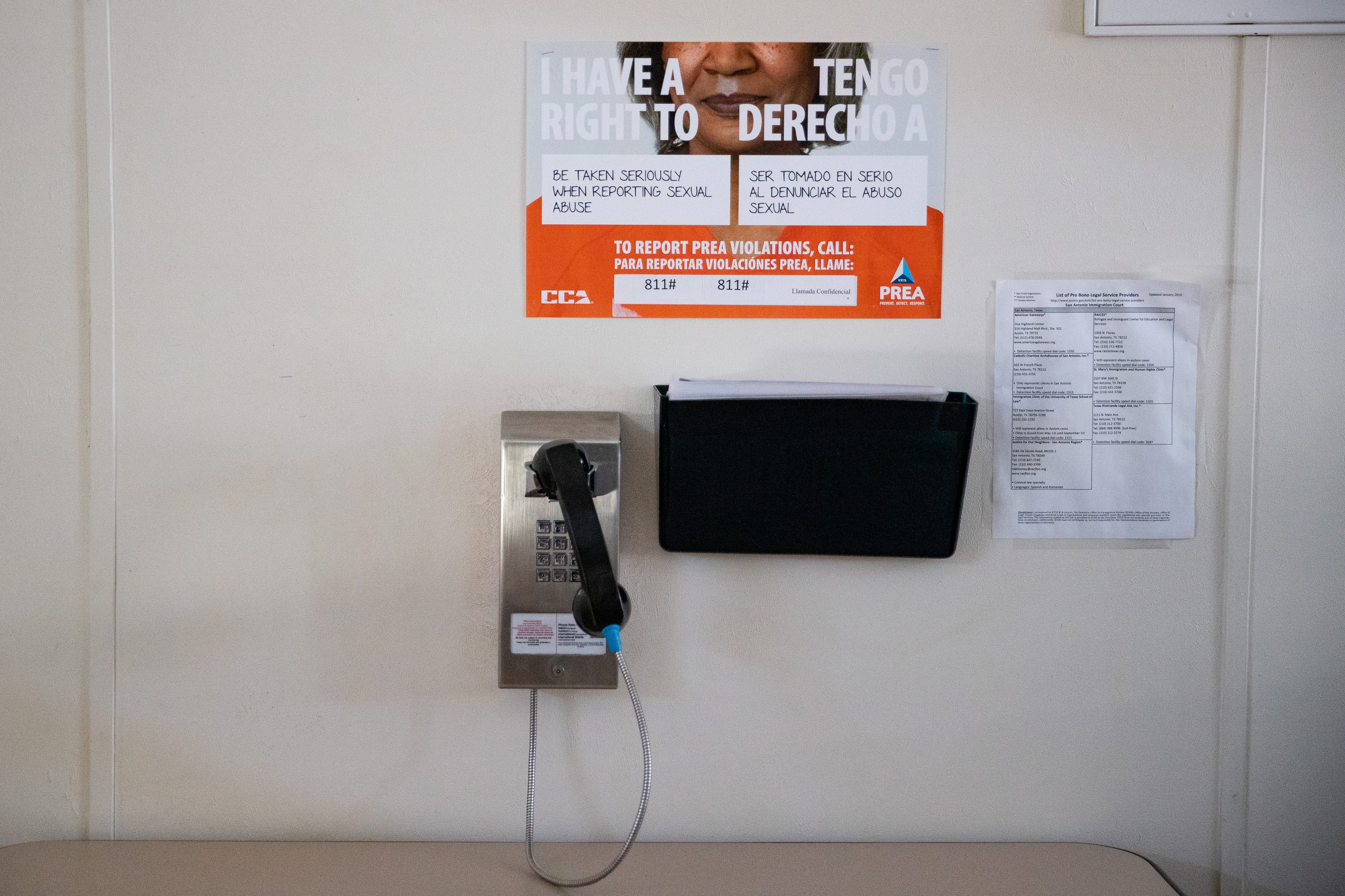 A telephone inside a dormitory inside the U.S. Immigration and Customs Enforcement's (ICE) South Texas Family Residential Center in Dilley, Texas.