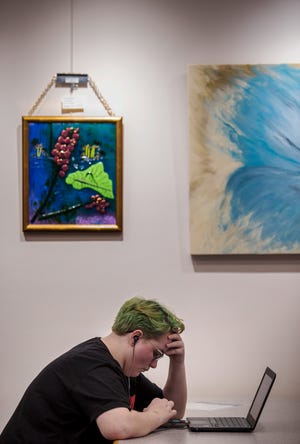 Cape Coral resident Emily McPhee studies at the Cape Library. The library is currently hosting an art exhibit by the Southwest Florida Fine Craft Guild.