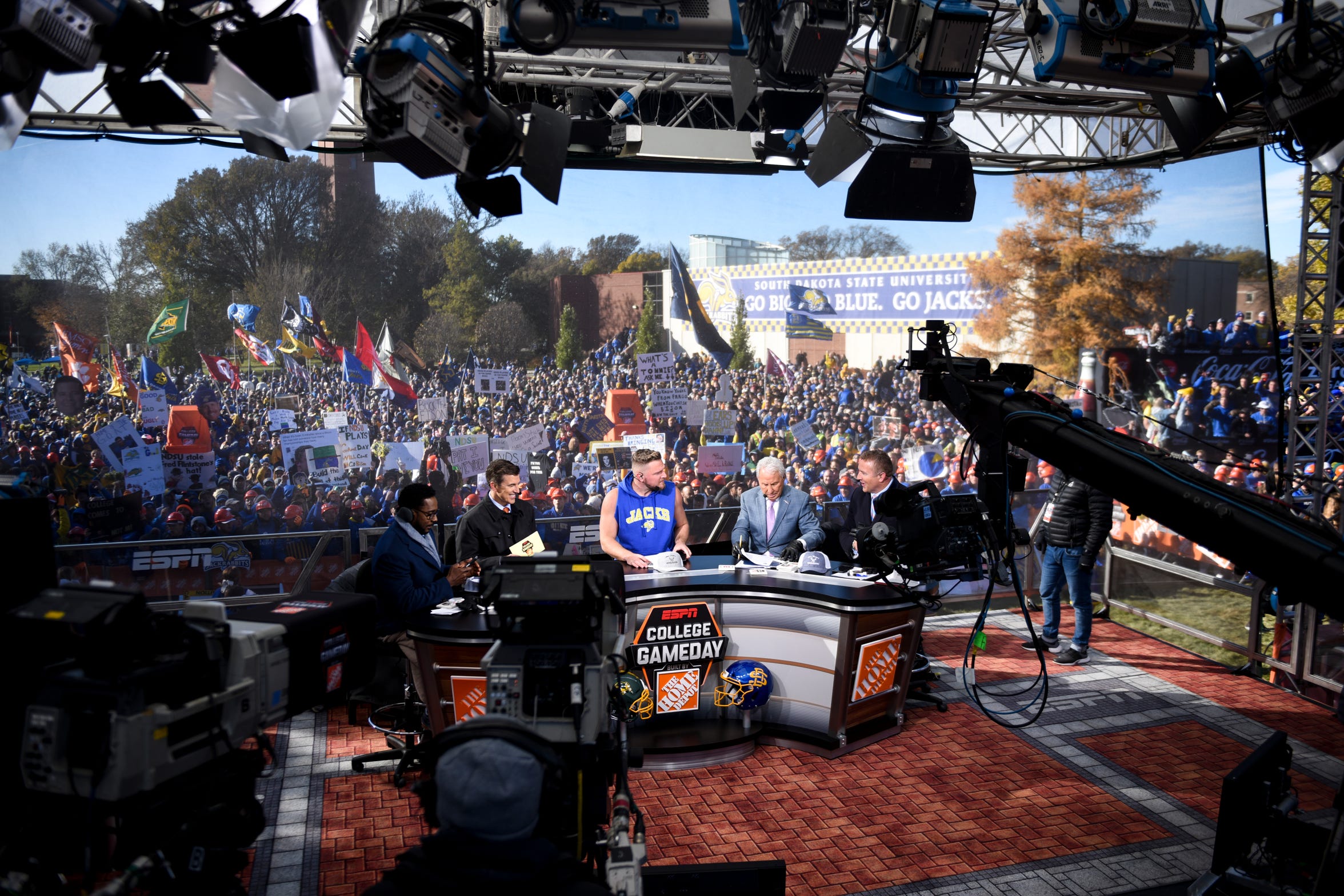 Celebrity guest picker Pat McAfee joins ESPN GameDay hosts during the broadcast on Saturday, Oct. 26, 2019 in Brookings, S.D. McAfee's pick for the Dakota Marker game was the Jacks.