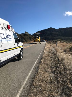 A Ventura County helicopter landed on Highway 33 Sunday morning in response to a motorcycle crash near Cherry Creek within the Los Padres National Forest.