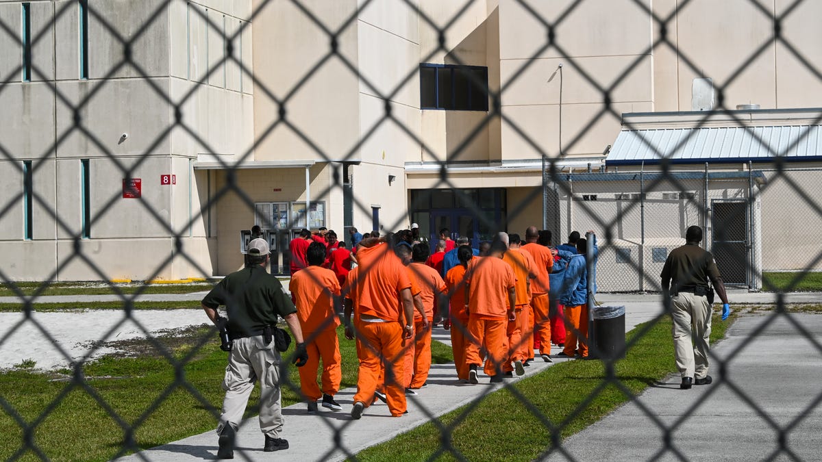 Immigration detainees are moved in secure groups back to a housing unit at the Krome Service Processing Center in Miami, Fla.
