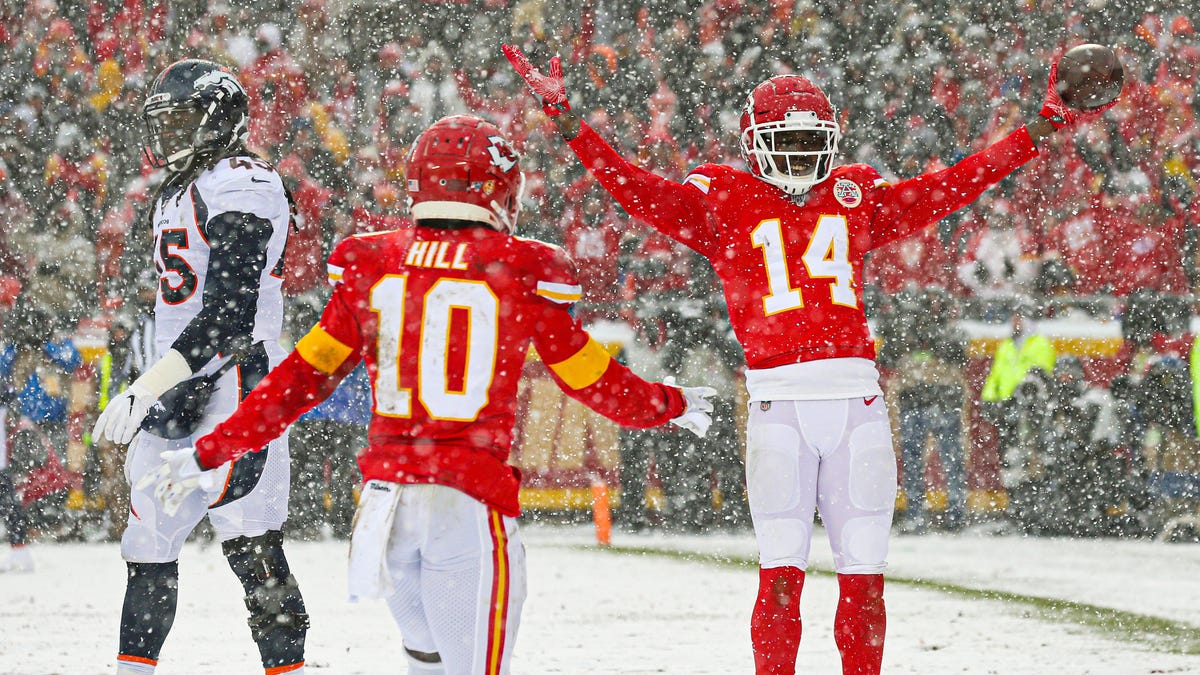 Kansas City Chiefs wide receiver Sammy Watkins (14) celebrates with wide receiver Tyreek Hill (10) after converting a two-point conversion against Denver Broncos linebacker A.J. JohnsonÊ(45) during the second half at Arrowhead Stadium.